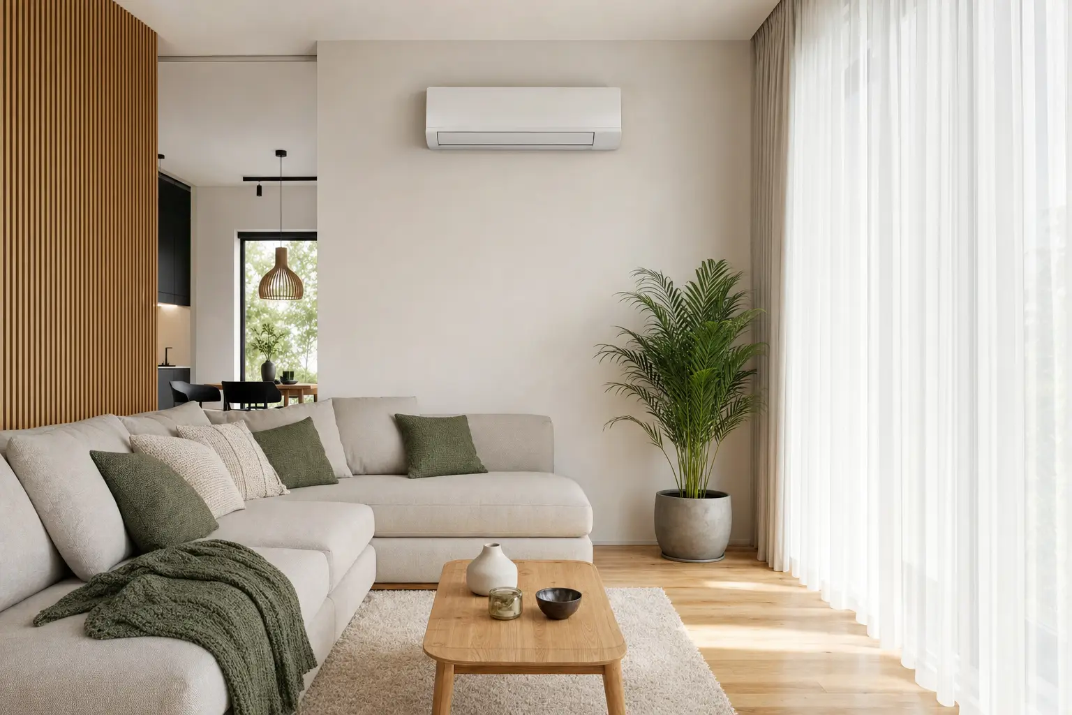 Klimaanlagen-Innengerät in einem hellen Wohnraum